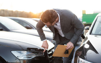 Autohändler prüft Auto auf Schäden
